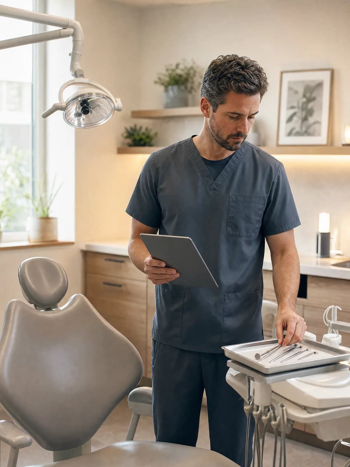 A dental professional reviewing the practice schedule
