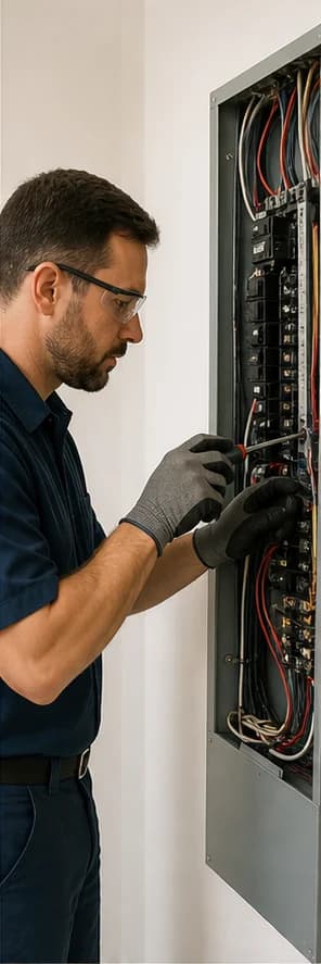 An electrical contractor working at a residential electrical panel