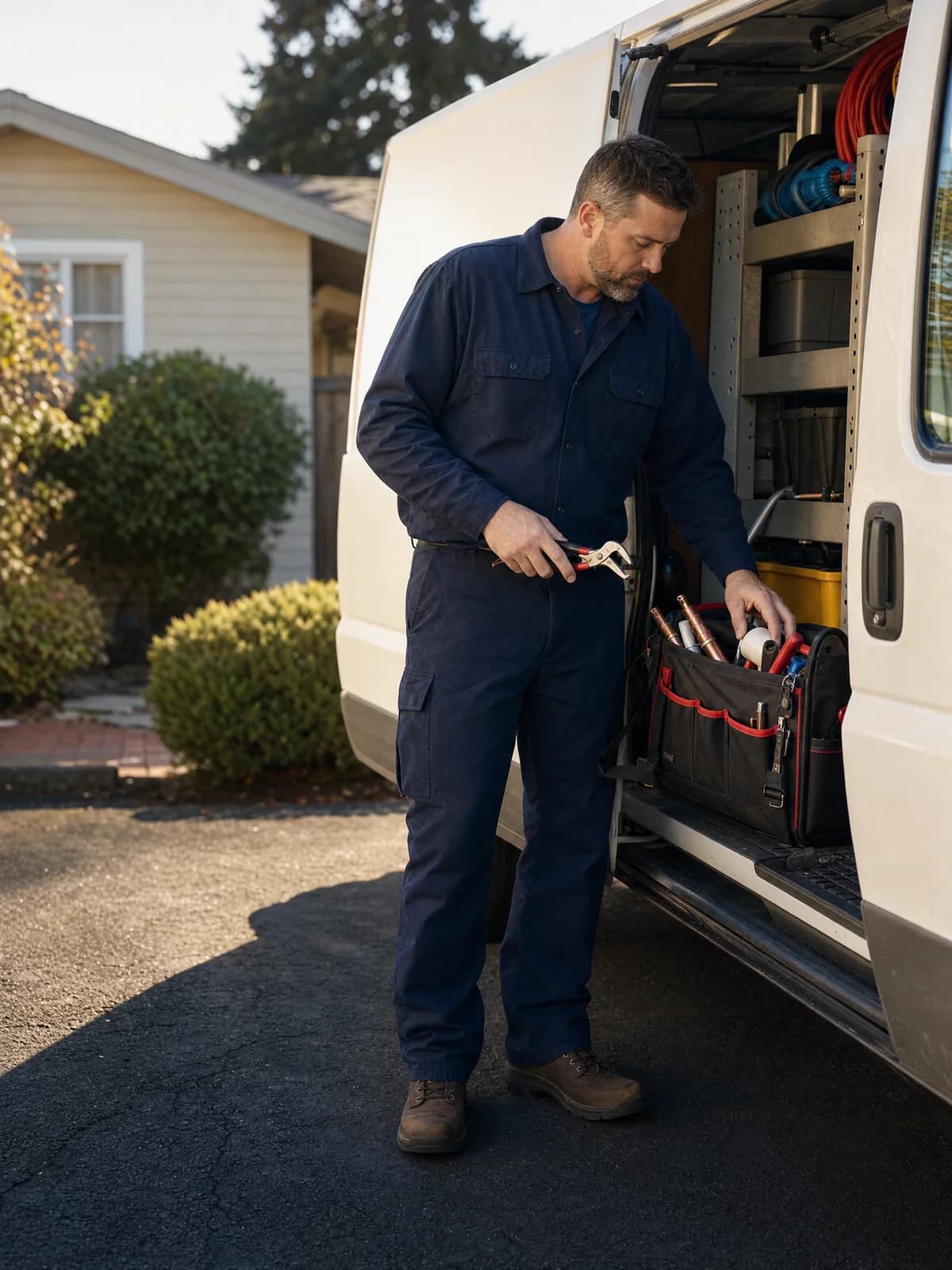 A plumbing business owner preparing for a residential job
