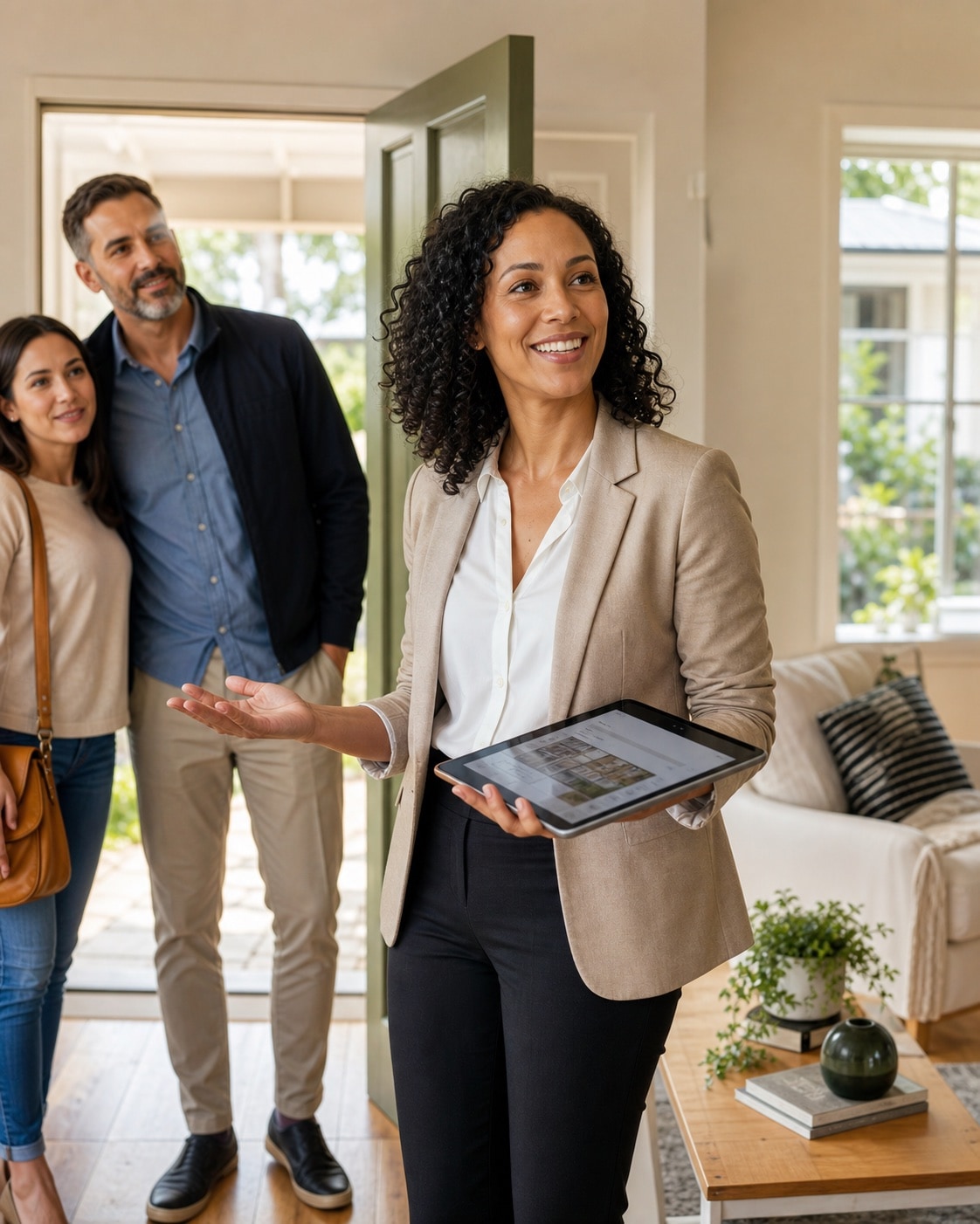 A local real estate agent welcoming buyers into a home