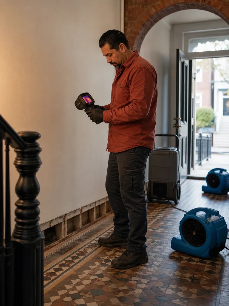 A restoration company owner reviewing a water-damage job