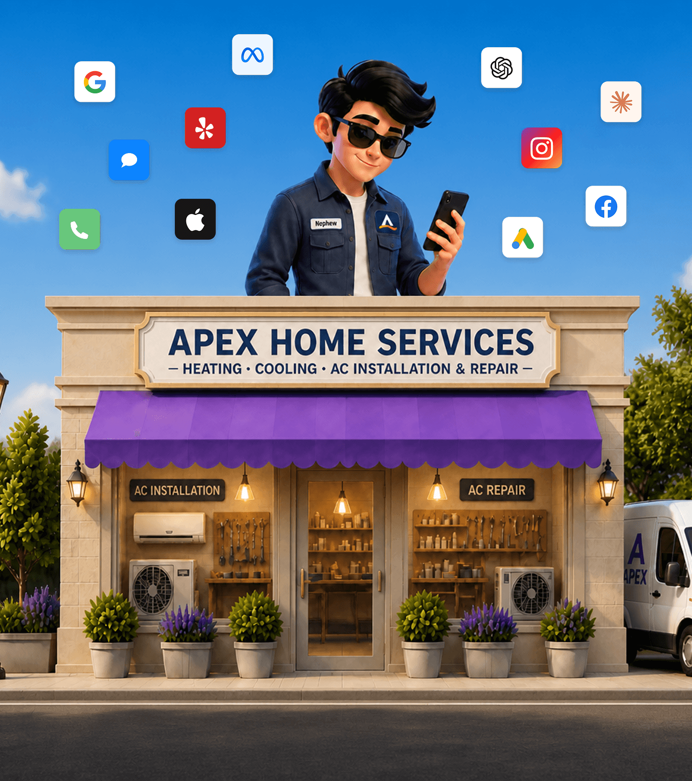 Nephew above the Apex Home Services storefront, surrounded by the channels he manages
